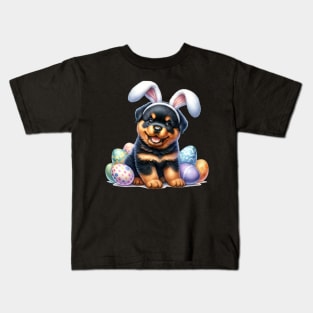 Puppy Rottweiler Bunny Ears Easter Eggs Happy Easter Day Kids T-Shirt